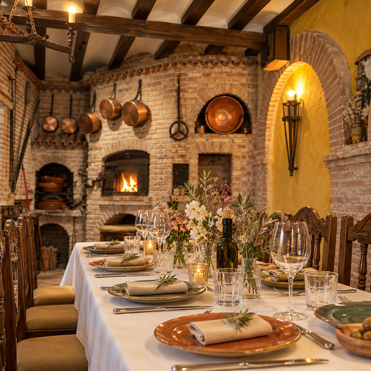 Comedor rústico junto al horno de leña del Hostal Restaurante Fuente Vieja