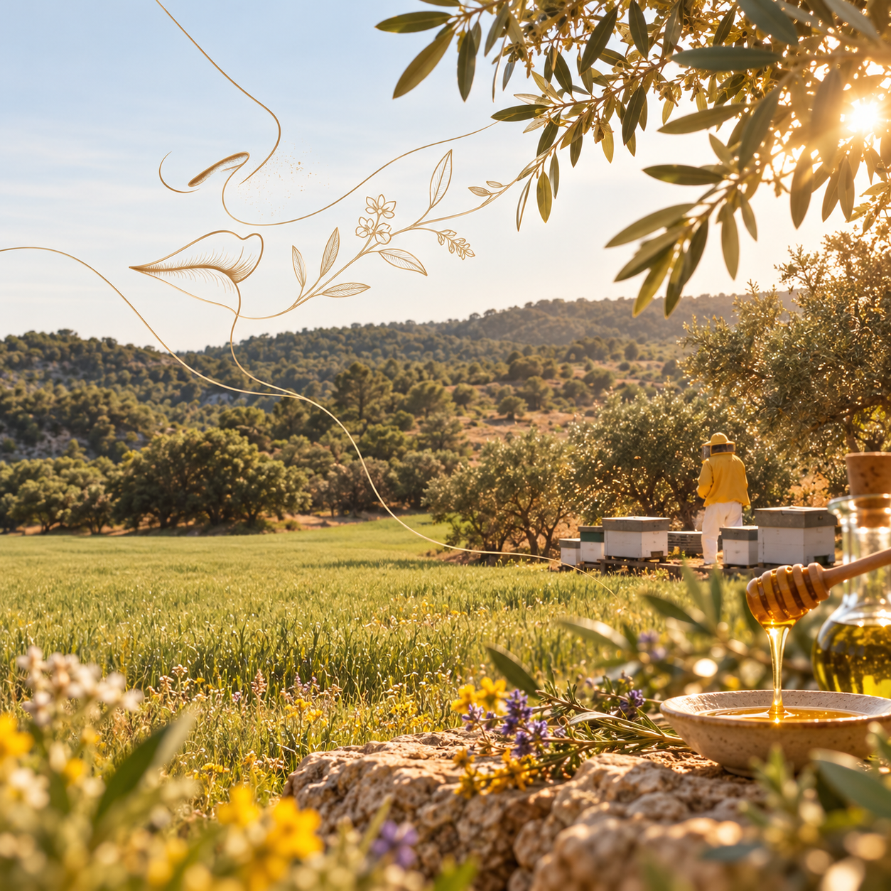 Paisaje mediterráneo de miel y olivos con colmenas y una ilustración de un rostro